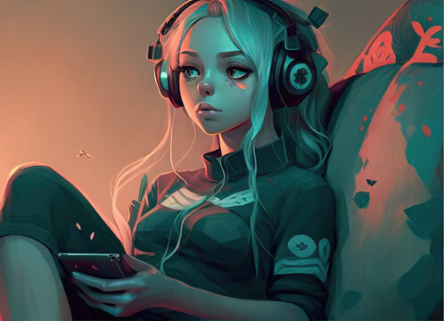 Cute Anime Girl with Headphone Digital Art Stock Illustration