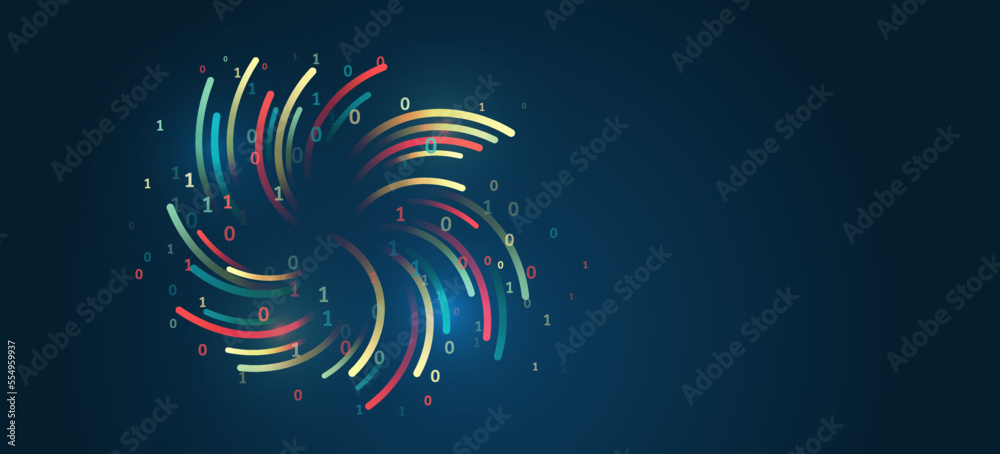 Poster Business analytics. The flow of information in the form of waves and particles. Visualization of a large amount of data. Abstract transformation of information. Processing sorting data fragmentation.