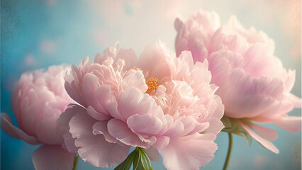 Fototapeta premium Pink dreamy peonies on sunlit sky background, flowers card