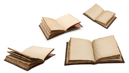 An open empty old notebook isolated on a white background.