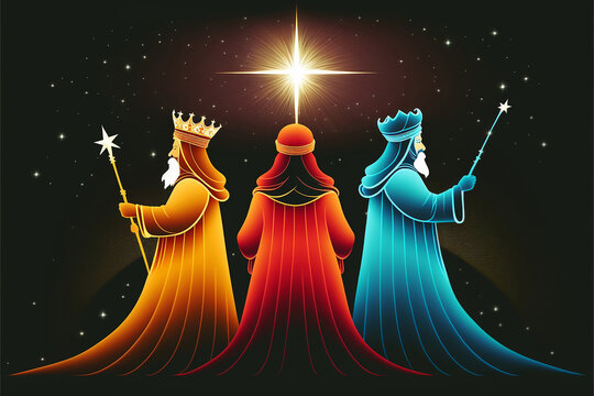Three Kings or Three Wise Men figures on dark sky background
