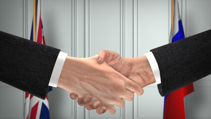 United Kingdom UK and Russia deal handshake, politics 3D illustration. Official meeting or cooperation, business meet. Businessmen or politicians shake hands