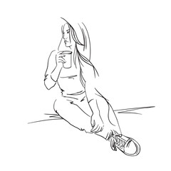 young woman drinking coffee, line illustration