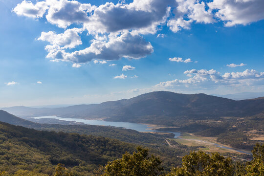 Panoramic landscape photo of the "Valle del Jerte" in Extremadura, Spain. Vacation, tourism, adventure, gastronomy and fun concept.