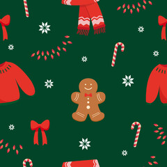 Pattern with Christmas clothes and cookies. Vector graphics