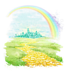 Watercolor fairytale fabulous emerald city, rainbow and yellow golden brick road isolated on white background. Hand drawn illustration sketch - obrazy, fototapety, plakaty