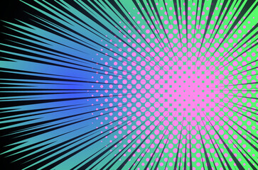 Manga neon anime action frame lines with halftones. Colored Pop art retro background with exploding rays of lightning comic style, vector illustration. Abstract explosive template with speed lines