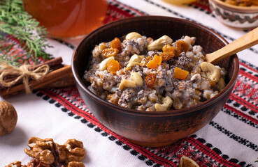 Kutya is a ceremonial grain dish with poppy seeds, dried fruits and sweet gravy, traditionally served by Orthodox Christians during Christmas