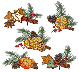 set of holiday composition with cookies. Hand drawn composition with cinnamon, citrus and pine branches on a white background. Food illustration for design, print, fabric or background. 