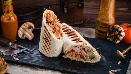 Grilled shawarma from chicken, tomatoes, pickled cucumber, fried onion, lettuce and pita bread.