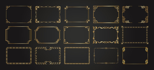 Decorative gold frames. Retro calligraphic ornamental frame, vintage rectangle ornaments and ornate border. Decorative wedding frames, antique museum image borders. Isolated icons set