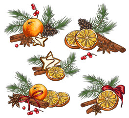 set of Christmas composition with cookies. Hand drawn composition with cinnamon, citrus and pine branches on a white background. Food illustration for design, print, fabric or background 
