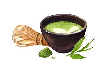 Watercolor organic green Japanese matcha latte in black cup, whisk and dry leafs. Hand drawn cartoon illustration, isolated on white background. Tea fragrant drink for web design, menu, app, advert