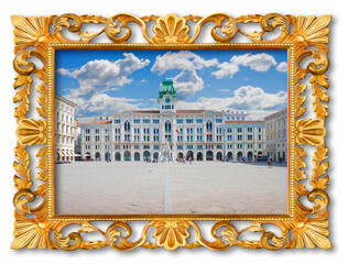 The most important square in Trieste called Piazza Unità d'Italia, Square of the Unity of Italy - Europe - Italy -Trieste - People are not recognizzable - concept with golden wooden carved frame - obrazy, fototapety, plakaty