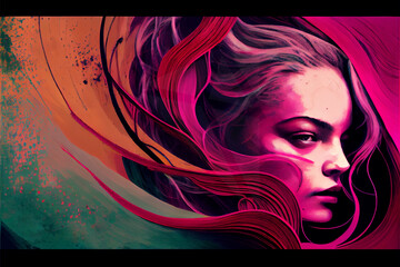 Viva magenta color, trending color of 2023, portrait of abstract girl in magenta colors, illustration,
