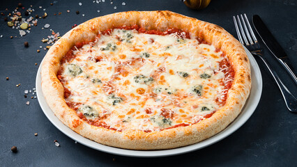 Italian pizza with mozzarella, parmesan, blue cheese, tomato sauce on a thick dough with spices.