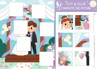 Vector wedding cut and glue activity. Crafting game with marriage scene, bride and groom under the arch. Printable worksheet for children. Find the right piece of the puzzle. Complete the picture.