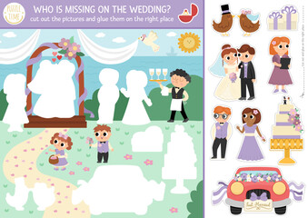 Vector wedding cut and glue activity. Crafting game with marriage ceremony scene, bride and groom. Fun printable worksheet for children. Find the right piece of the puzzle. Complete the picture.