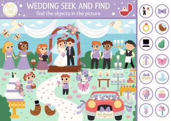 Vector wedding searching game with marriage ceremony scene. Spot hidden objects in the picture. Simple seek and find educational printable activity for kids with cute bride, groom, guests.