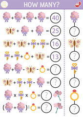 How many flowers game, equation or rebus with cute bouquets. Wedding math activity for school children. Simple marriage ceremony printable counting worksheet for kids with butterfly, ring.