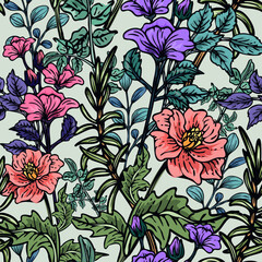 Hand drawn elegant colorful seamless pattern with botanical floral design illustration	