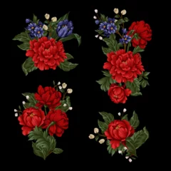 Gardinen Bouquets with red peonies and small flowers. Vector © Yumeee