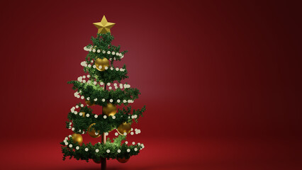 Christmas tree with lights and balls with red background