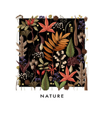 Card with autumn leaves and dried plants isolated. Vector