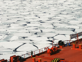 View from the deck of an oil tanker on the ice in the Sea of Okhotsk.
