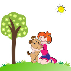 Fototapeta premium Niña feliz abrazando a su perro en el campo.