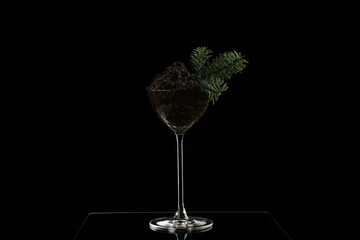 Caviar is black in tall glass.Glass is decorated with coniferous branch.Festive snack.Salmon caviar.Space for text.Black background.New Year or Christmas.Symbol of wealth and prosperity.