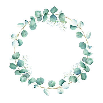 Watercolor eucalyptus and gypsophila round frame, wreath isolated on white background. Hand drawn botanical illustration. Ideal for stationery, wedding invitations, save the date, greeting card, logos