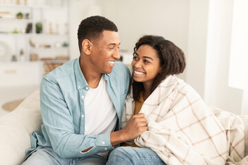 Happy young african american male covers with blanket and hugs his wife, sit on sofa, enjoy spare time