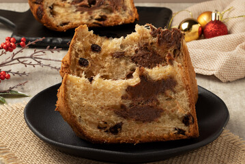 Pieces of panettone of chocolate. Selective focus.