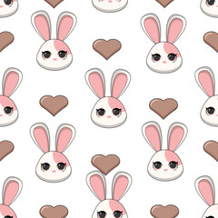 Repeated hearts drawn with cute bunny by hand. Cute seamless pattern. Endless romantic print. Vector illustration.
