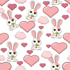 Repeated hearts drawn with cute bunny by hand. Cute seamless pattern. Endless romantic print. Vector illustration.