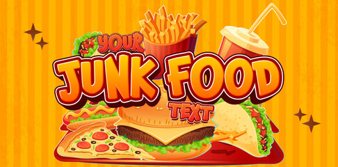 Unhealthy products. food bad for figure, skin, heart and teeth. Junk food diet vector text and illustrations