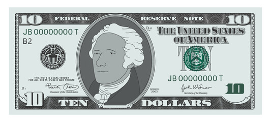 US Dollars 10 banknote - American dollar bill cash money isolated on white background - ten dollars - obrazy, fototapety, plakaty
