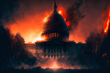Obraz premium Civil war, radical extremism concept, Washington on fire. Generative AI