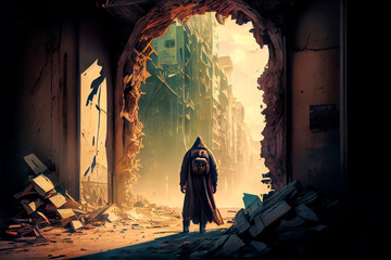 After the bomb - a man explores a ruined city after the apocalypse