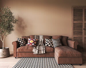 Сlassic beige interior with furniture. Scandinavian boho style.  3D render illustration of a blank wall mockup. High quality illustration.