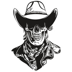 cowboy skulls hand drawing, skeleton skull with cowboy hat  black and white line art