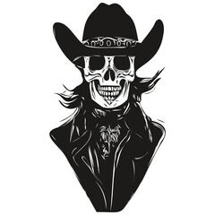 cowboy skulls hand drawing, skeleton skull with cowboy hat  black and white line art