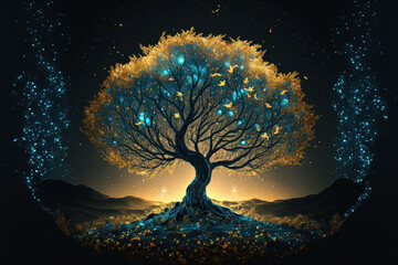 Golden tree illustration on dark background. Mystical forest. Generative AI - obrazy, fototapety, plakaty
