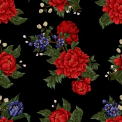 Foto op Aluminium Seamless pattern with red peonies and small flowers. Vector. © Yumeee