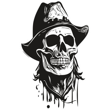 cowboy skulls hand drawing, skeleton skull with cowboy hat  black and white line art