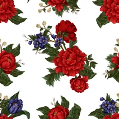 Gordijnen Seamless pattern with red peonies and small flowers. Vector. © Yumeee