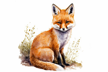 Obraz premium Cute cartoon watercolor fox illustration. Forest animal. Generative AI