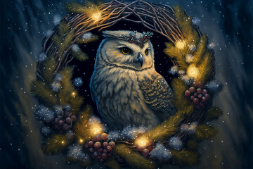 Winter Wreath with Owl Generative AI