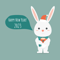 Happy new year 2023. Bunny with cup of milk. Happy new year greetings from the rabbit.